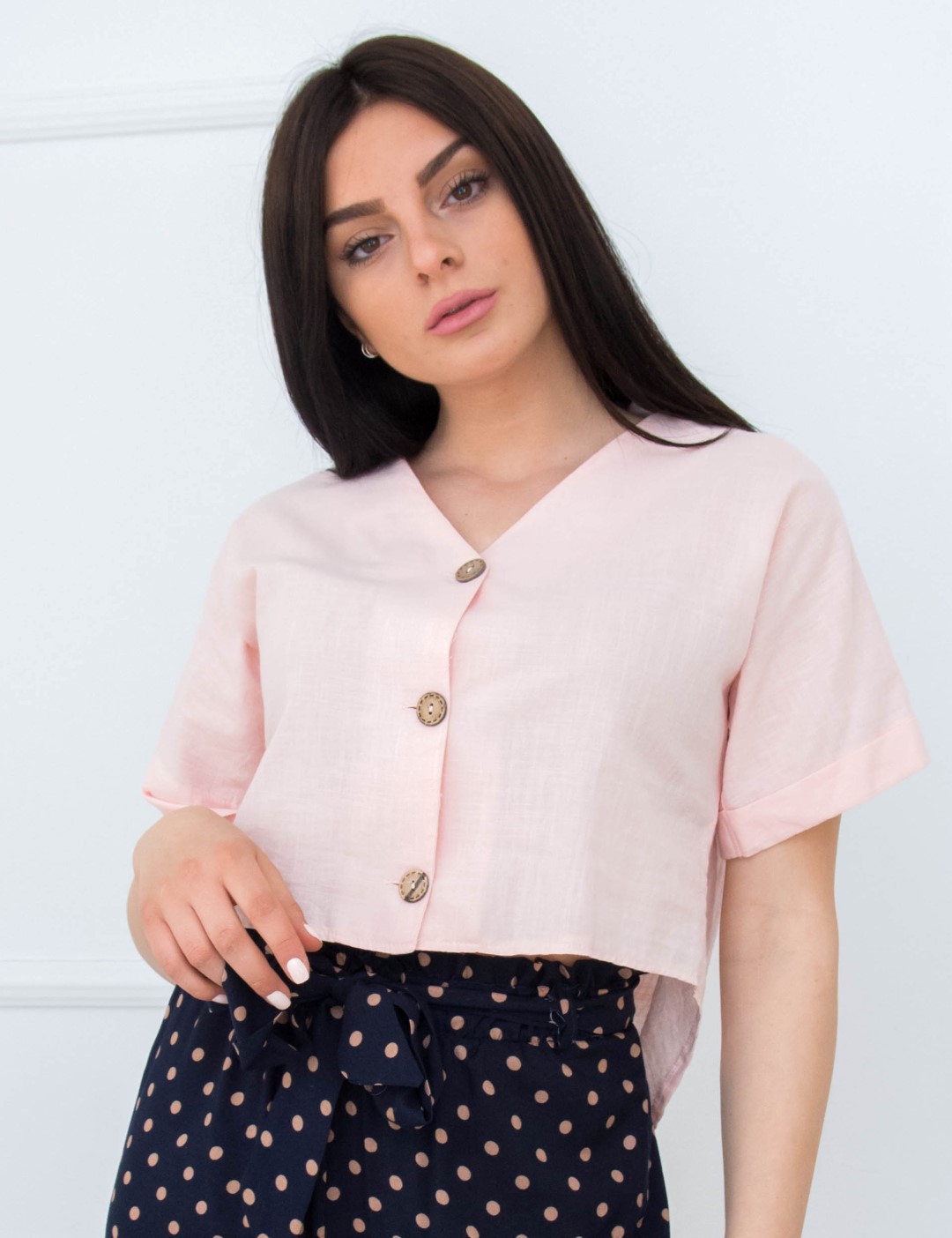 Γυναικείο ροζ Crop πουκάμισο ασσύμετρο κουμπιά 18261